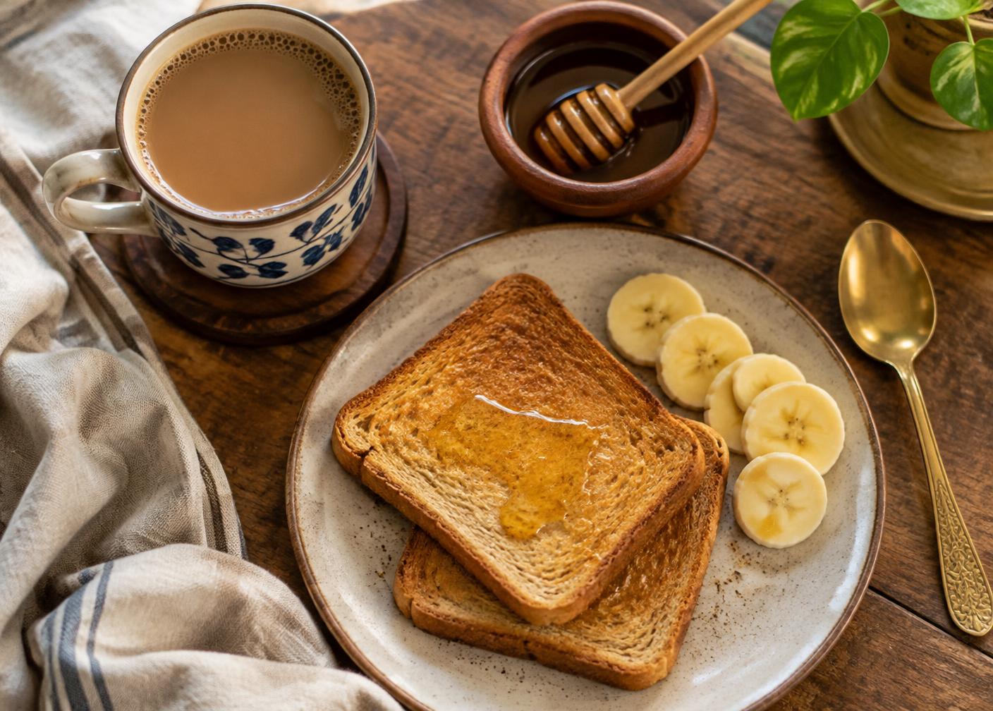 Breakfast with chai, toast and honey